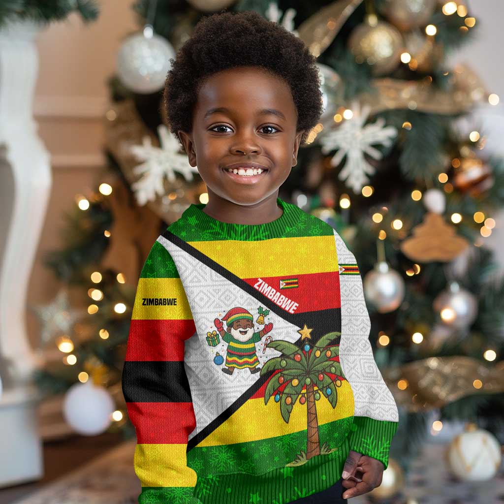 Zimbabwe Christmas Kid Ugly Christmas Sweater Festive Santa Palm Tree and Red Yellow Green Flag - African Pride