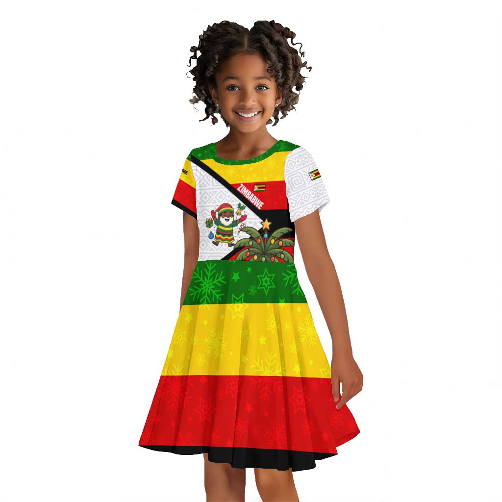 Zimbabwe Christmas Kid Short Sleeve Dress Festive Santa Palm Tree and Red Yellow Green Flag - African Pride