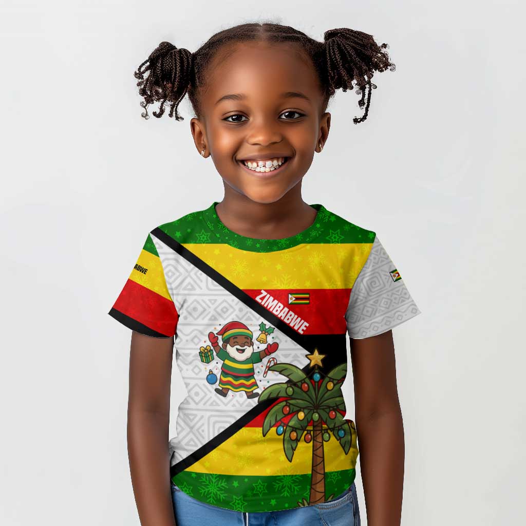 Zimbabwe Christmas Kid T shirt Festive Santa Palm Tree and Red Yellow Green Flag - African Pride