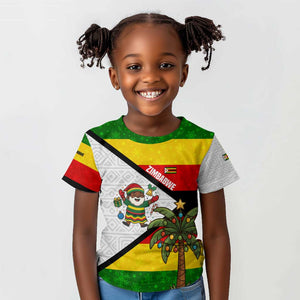 Zimbabwe Christmas Kid T shirt Festive Santa Palm Tree and Red Yellow Green Flag - African Pride