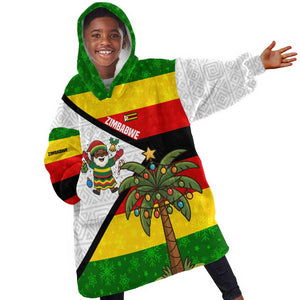 Zimbabwe Christmas Kid Wearable Blanket Hoodie Festive Santa Palm Tree and Red Yellow Green Flag - African Pride