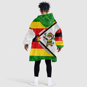 Zimbabwe Christmas Kid Wearable Blanket Hoodie Festive Santa Palm Tree and Red Yellow Green Flag - African Pride