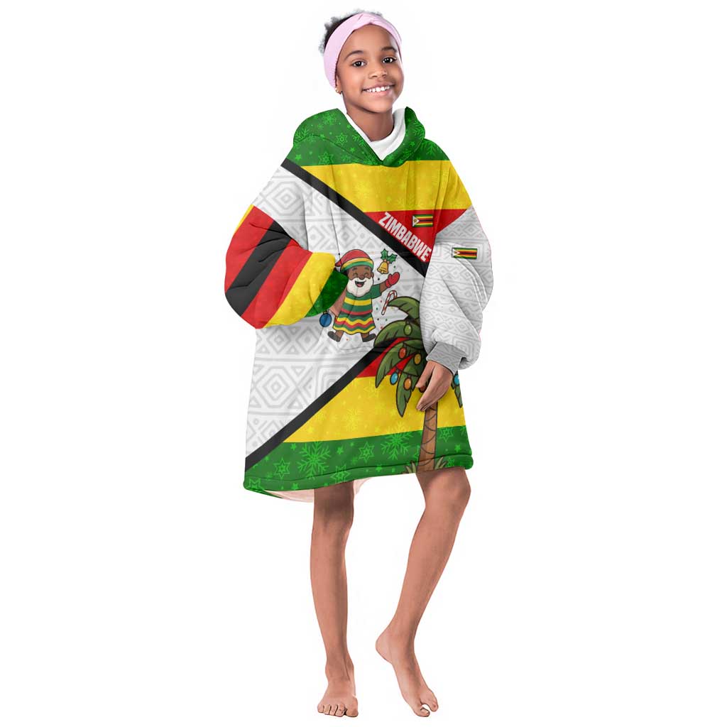 Zimbabwe Christmas Kid Wearable Blanket Hoodie Festive Santa Palm Tree and Red Yellow Green Flag - African Pride