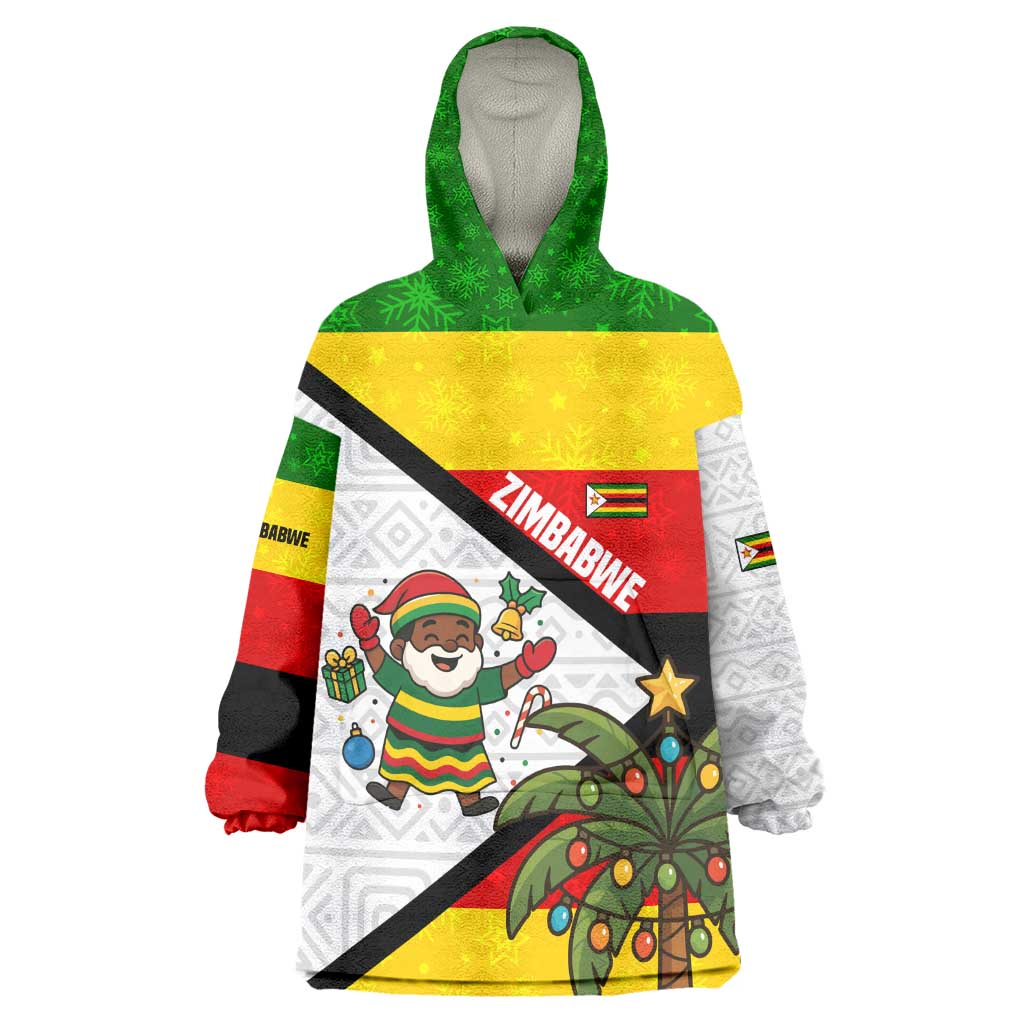 Zimbabwe Christmas Kid Wearable Blanket Hoodie Festive Santa Palm Tree and Red Yellow Green Flag - African Pride