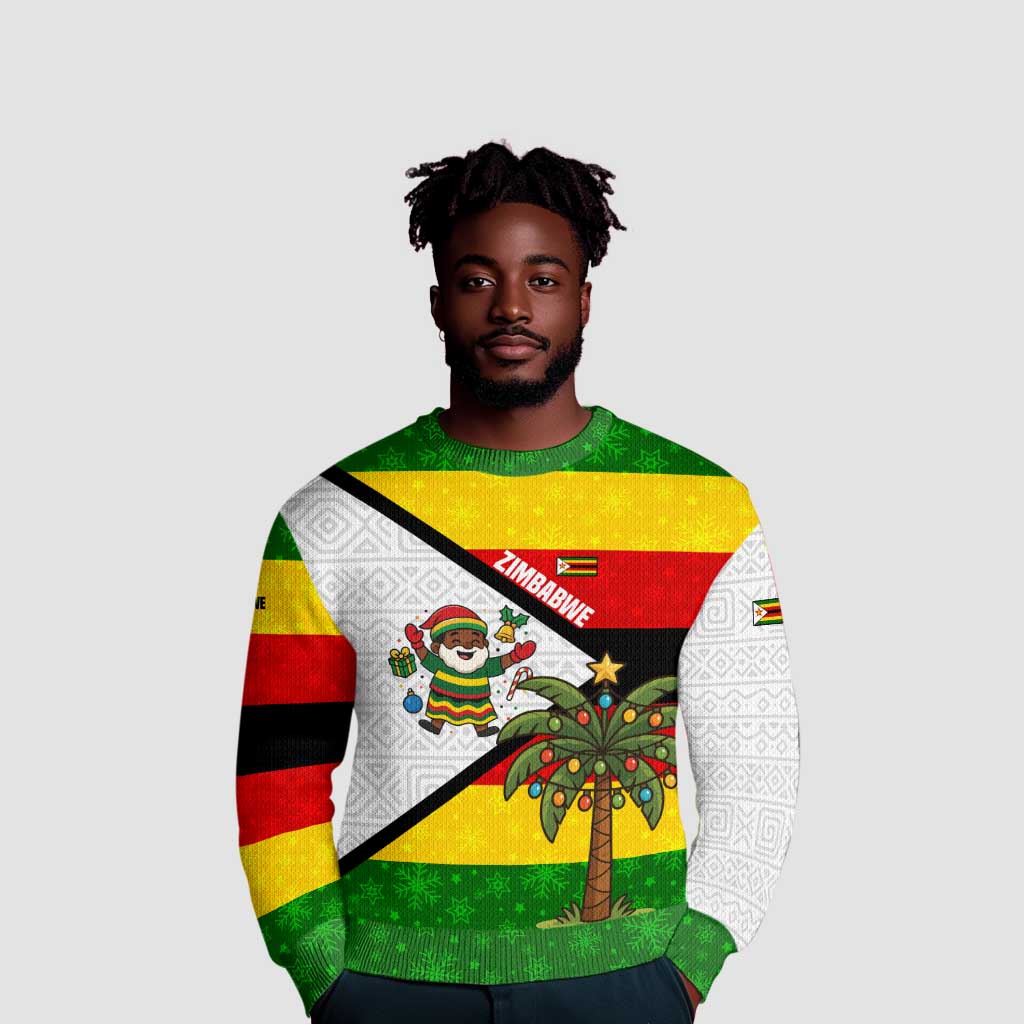 Zimbabwe Christmas Ugly Christmas Sweater Festive Santa Palm Tree and Red Yellow Green Flag - African Pride