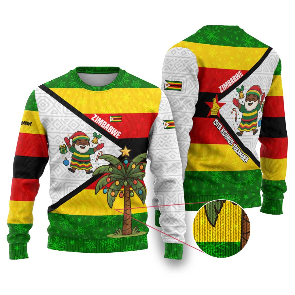 Zimbabwe Christmas Ugly Christmas Sweater Festive Santa Palm Tree and Red Yellow Green Flag - African Pride