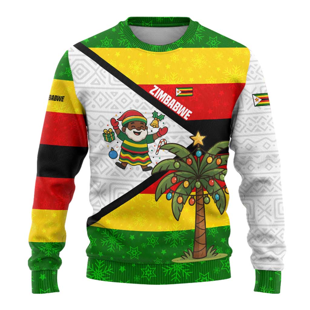 Zimbabwe Christmas Ugly Christmas Sweater Festive Santa Palm Tree and Red Yellow Green Flag - African Pride
