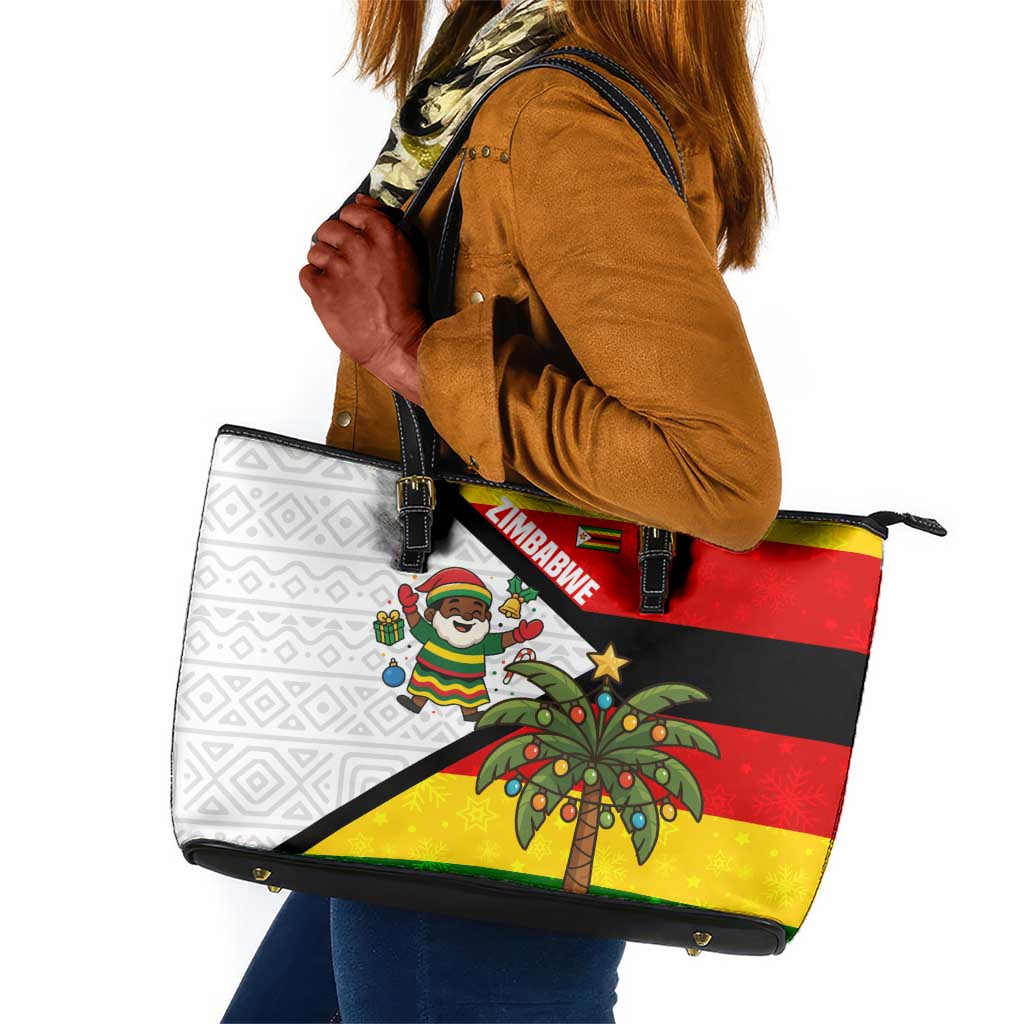 Zimbabwe Christmas Leather Tote Bag Festive Santa Palm Tree and Red Yellow Green Flag - African Pride