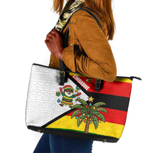 Zimbabwe Christmas Leather Tote Bag Festive Santa Palm Tree and Red Yellow Green Flag - African Pride