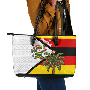 Zimbabwe Christmas Leather Tote Bag Festive Santa Palm Tree and Red Yellow Green Flag - African Pride