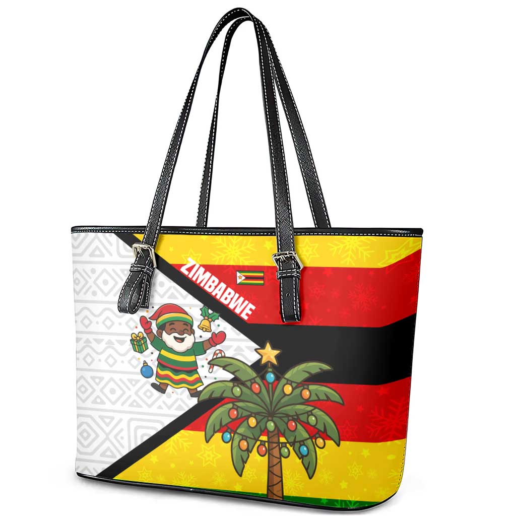 Zimbabwe Christmas Leather Tote Bag Festive Santa Palm Tree and Red Yellow Green Flag - African Pride