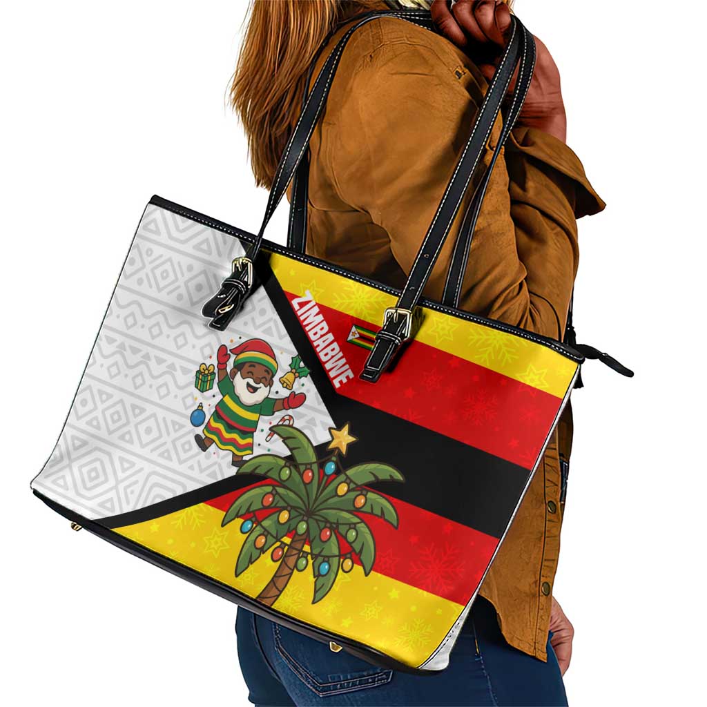 Zimbabwe Christmas Leather Tote Bag Festive Santa Palm Tree and Red Yellow Green Flag - African Pride