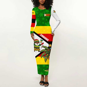 Zimbabwe Christmas Long Sleeve Bodycon Dress Festive Santa Palm Tree and Red Yellow Green Flag - African Pride