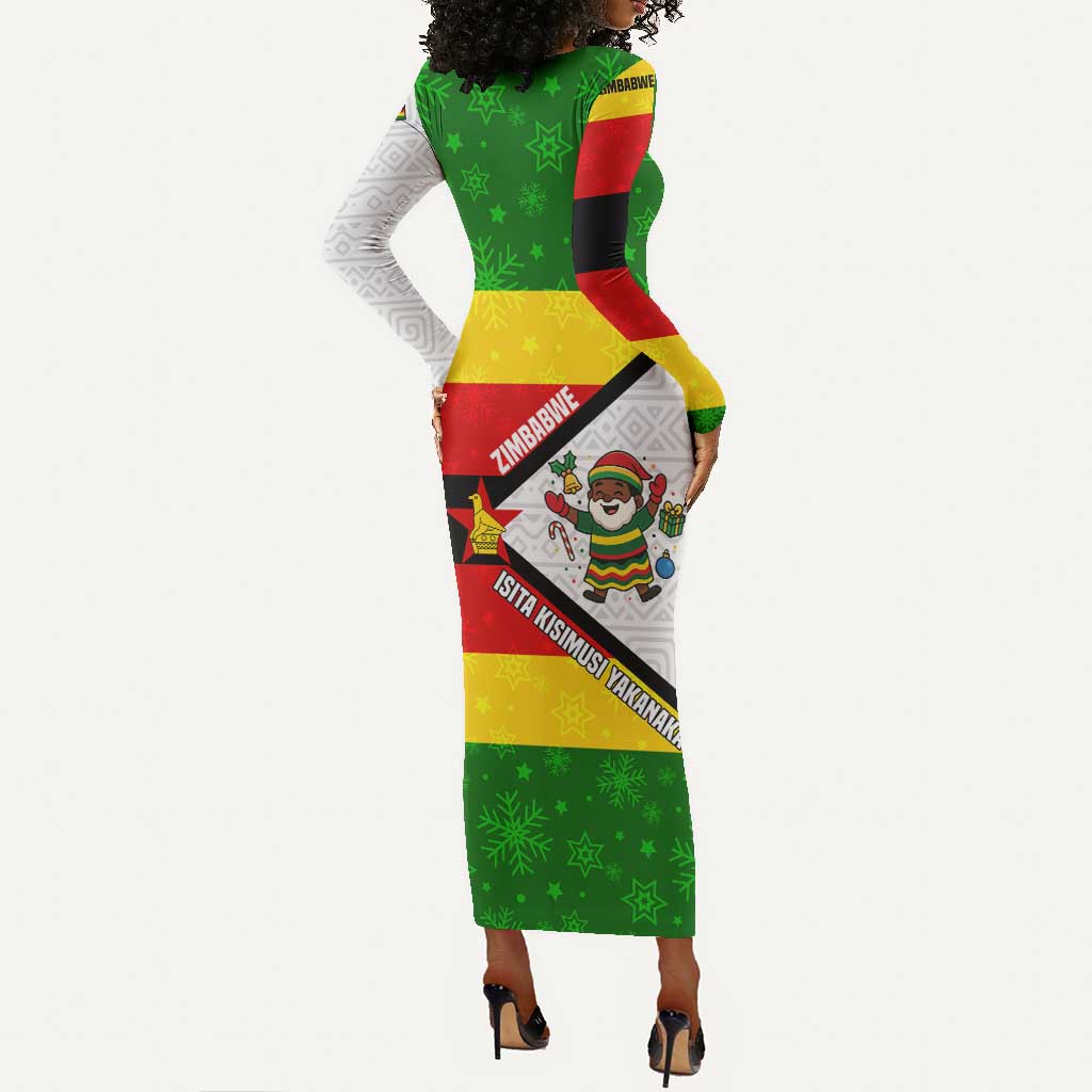 Zimbabwe Christmas Long Sleeve Bodycon Dress Festive Santa Palm Tree and Red Yellow Green Flag - African Pride