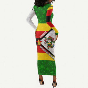 Zimbabwe Christmas Long Sleeve Bodycon Dress Festive Santa Palm Tree and Red Yellow Green Flag - African Pride
