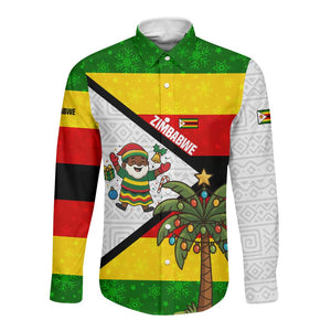 Zimbabwe Christmas Long Sleeve Button Shirt Festive Santa Palm Tree and Red Yellow Green Flag - African Pride
