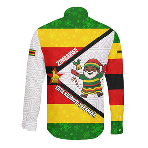 Zimbabwe Christmas Long Sleeve Button Shirt Festive Santa Palm Tree and Red Yellow Green Flag - African Pride