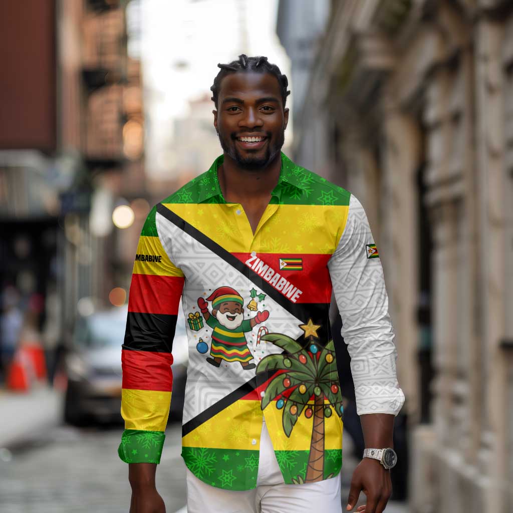 Zimbabwe Christmas Long Sleeve Button Shirt Festive Santa Palm Tree and Red Yellow Green Flag - African Pride