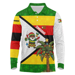 Zimbabwe Christmas Long Sleeve Polo Shirt Festive Santa Palm Tree and Red Yellow Green Flag - African Pride