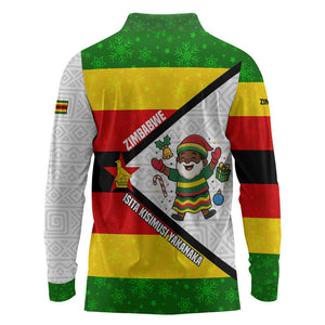 Zimbabwe Christmas Long Sleeve Polo Shirt Festive Santa Palm Tree and Red Yellow Green Flag - African Pride