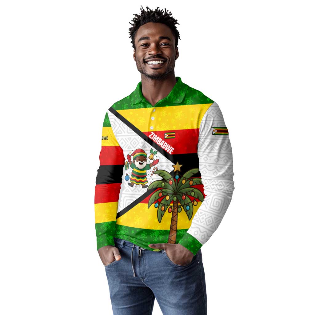 Zimbabwe Christmas Long Sleeve Polo Shirt Festive Santa Palm Tree and Red Yellow Green Flag - African Pride