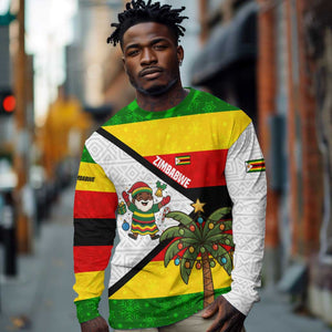 Zimbabwe Christmas Long Sleeve Shirt Festive Santa Palm Tree and Red Yellow Green Flag - African Pride