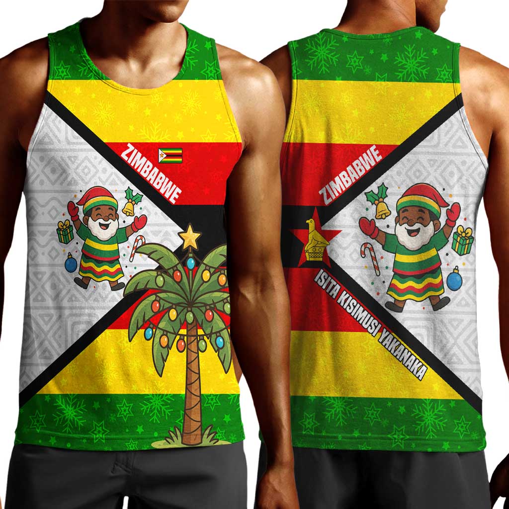 Zimbabwe Christmas Men Tank Top Festive Santa Palm Tree and Red Yellow Green Flag - African Pride