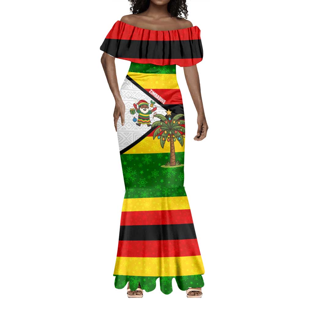 Zimbabwe Christmas Mermaid Dress Festive Santa Palm Tree and Red Yellow Green Flag - African Pride