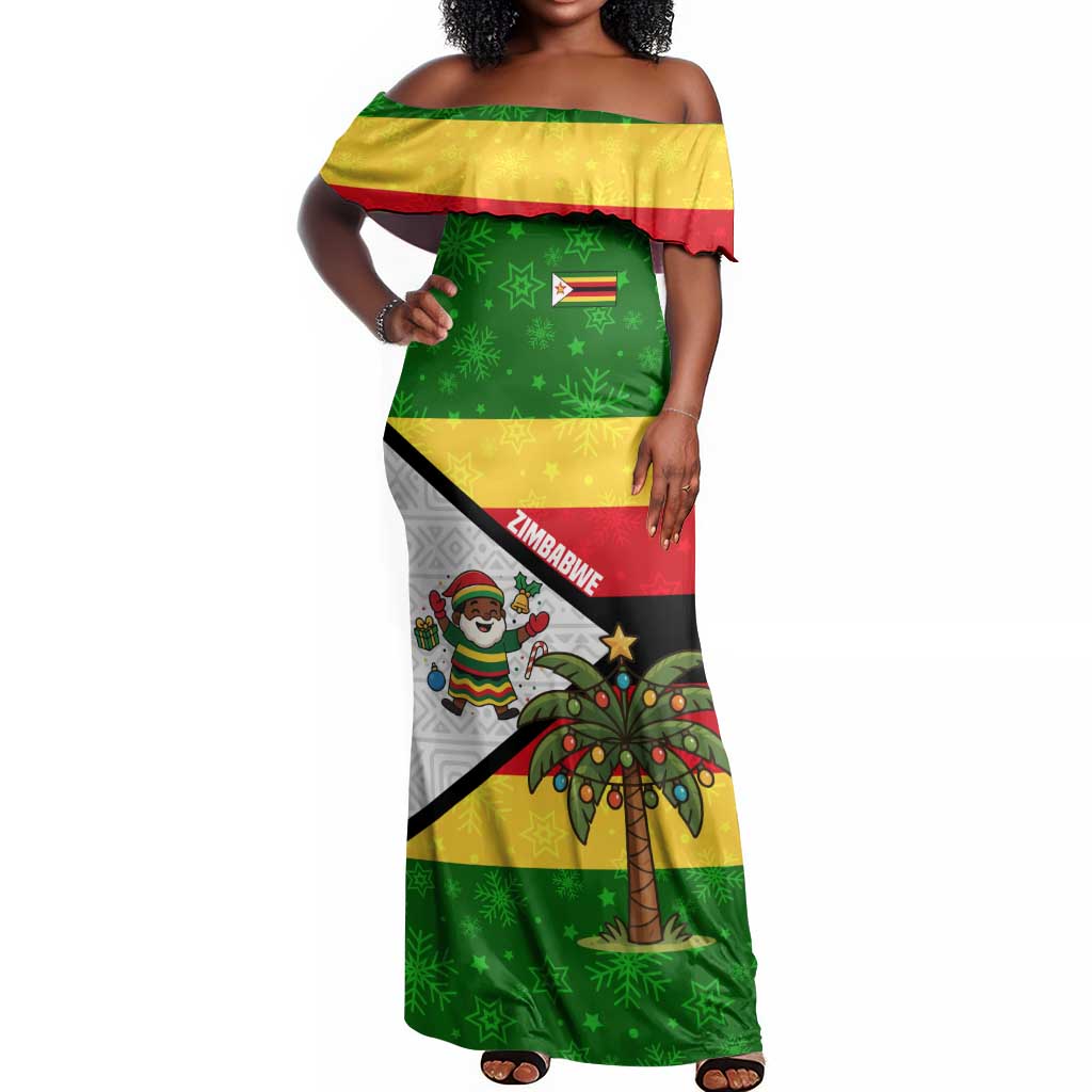 Zimbabwe Christmas Off Shoulder Maxi Dress Festive Santa Palm Tree and Red Yellow Green Flag - African Pride