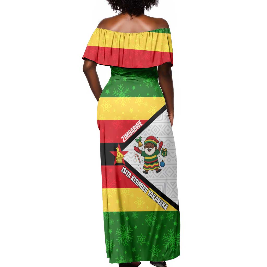 Zimbabwe Christmas Off Shoulder Maxi Dress Festive Santa Palm Tree and Red Yellow Green Flag - African Pride