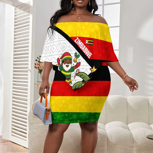 Zimbabwe Christmas Off Shoulder Short Dress Festive Santa Palm Tree and Red Yellow Green Flag - African Pride