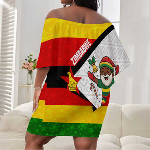 Zimbabwe Christmas Off Shoulder Short Dress Festive Santa Palm Tree and Red Yellow Green Flag - African Pride