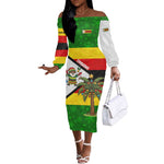 Zimbabwe Christmas Off The Shoulder Long Sleeve Dress Festive Santa Palm Tree and Red Yellow Green Flag - African Pride