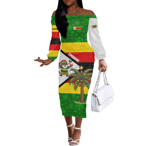 Zimbabwe Christmas Off The Shoulder Long Sleeve Dress Festive Santa Palm Tree and Red Yellow Green Flag - African Pride