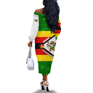 Zimbabwe Christmas Off The Shoulder Long Sleeve Dress Festive Santa Palm Tree and Red Yellow Green Flag - African Pride