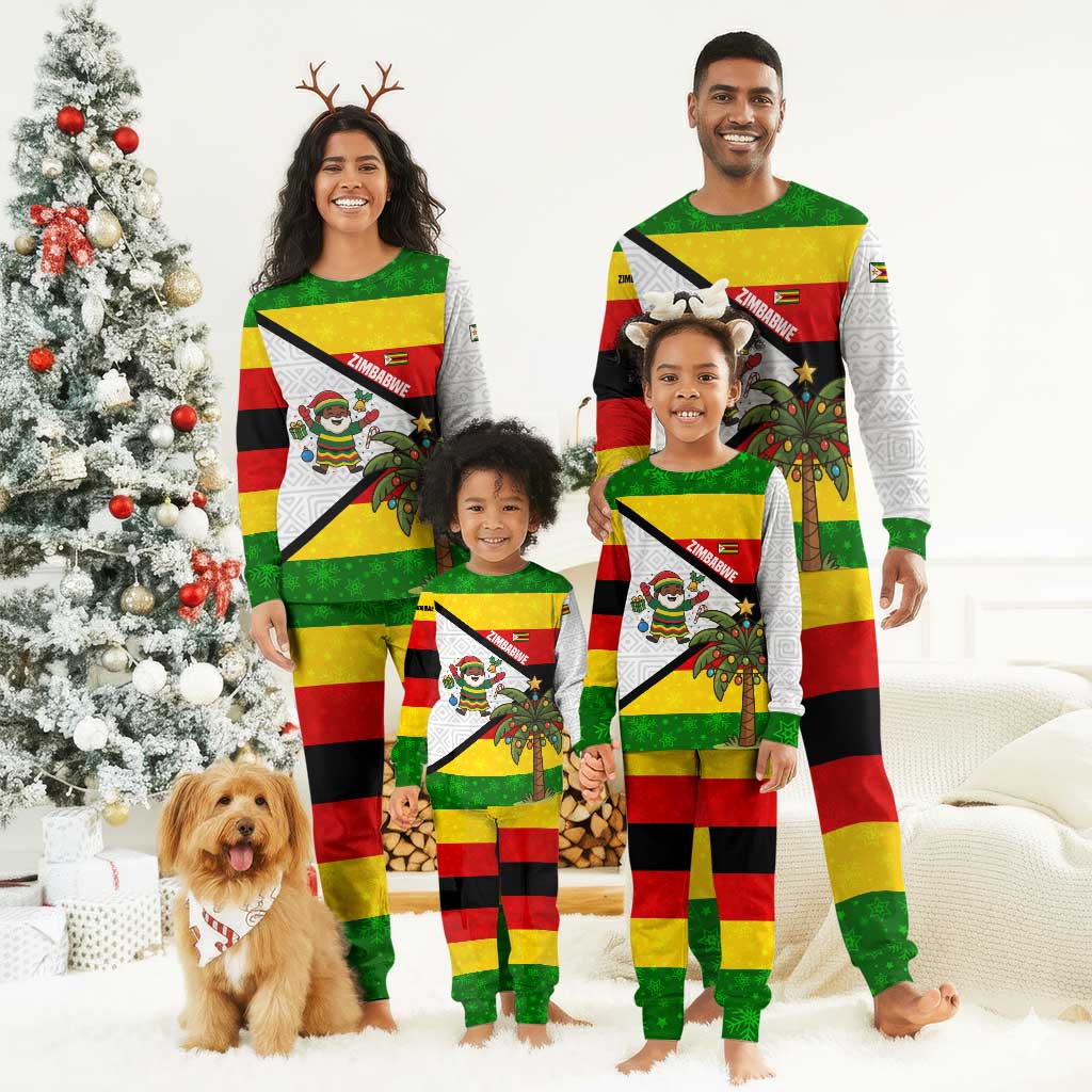 Zimbabwe Christmas Pajama Set Festive Santa Palm Tree and Red Yellow Green Flag - African Pride