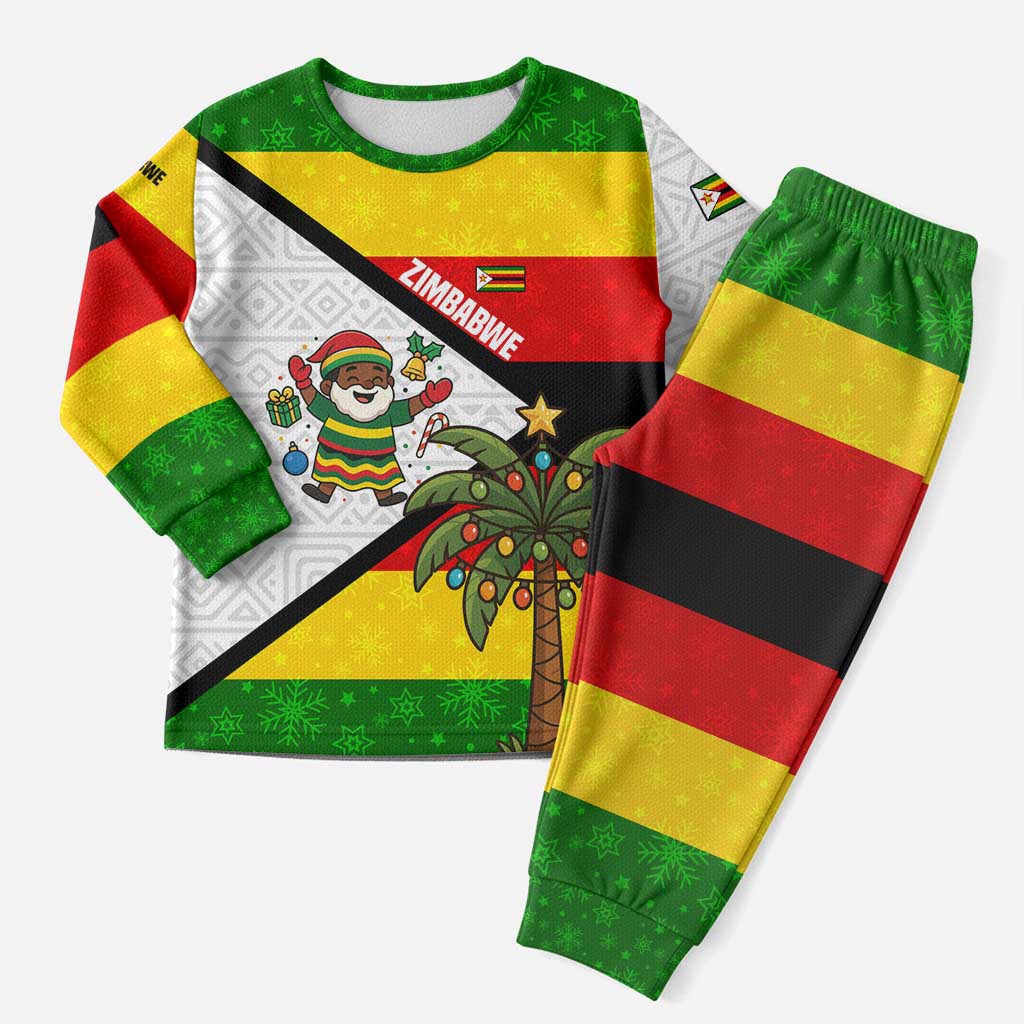 Zimbabwe Christmas Pajama Set Festive Santa Palm Tree and Red Yellow Green Flag - African Pride
