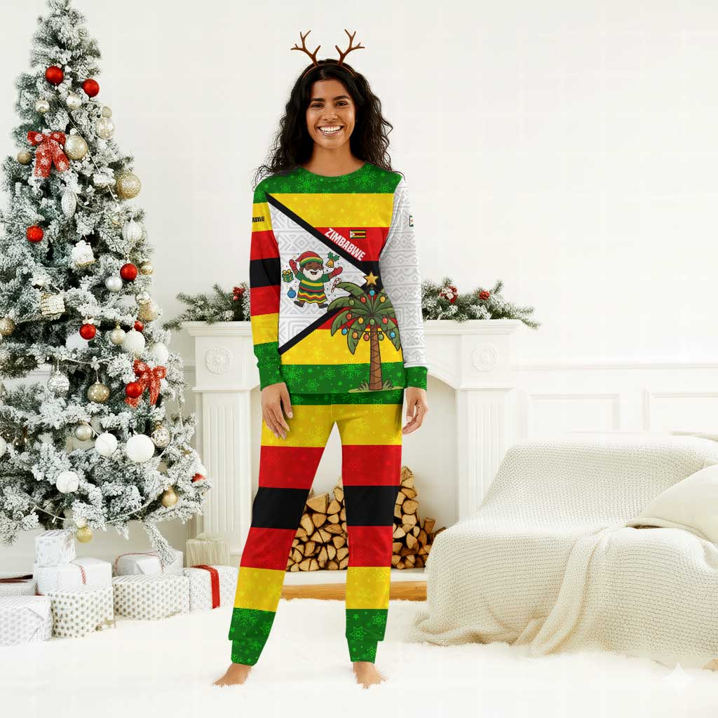 Zimbabwe Christmas Pajama Set Festive Santa Palm Tree and Red Yellow Green Flag - African Pride