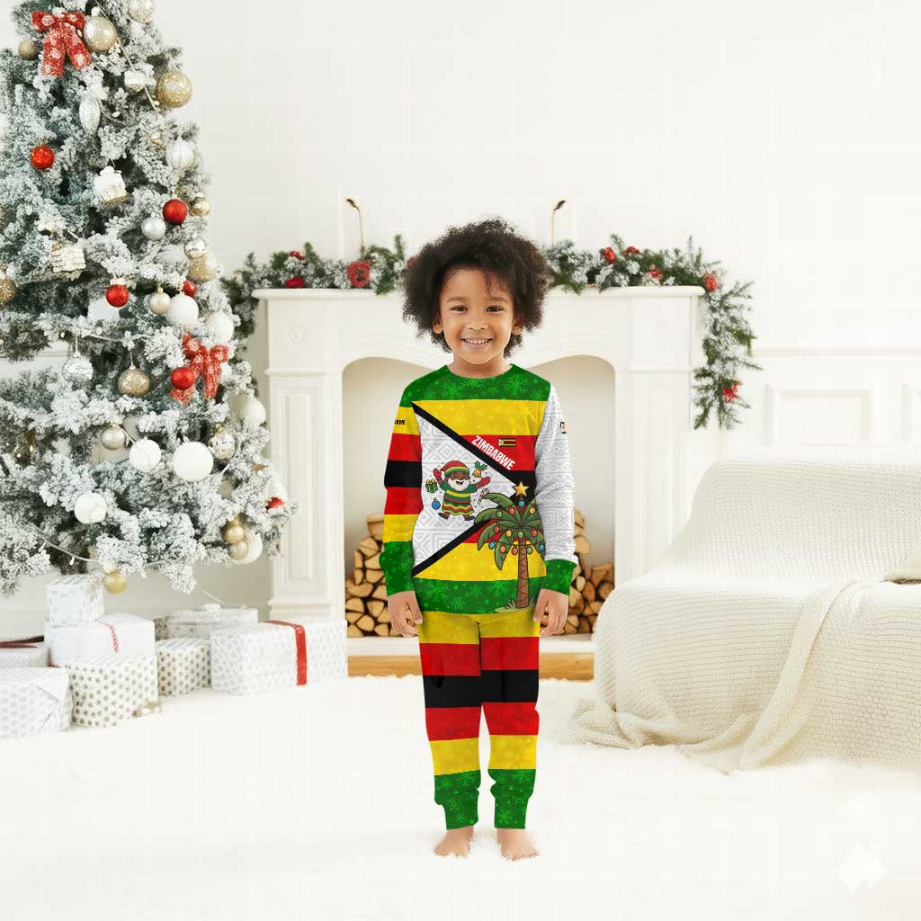 Zimbabwe Christmas Pajama Set Festive Santa Palm Tree and Red Yellow Green Flag - African Pride