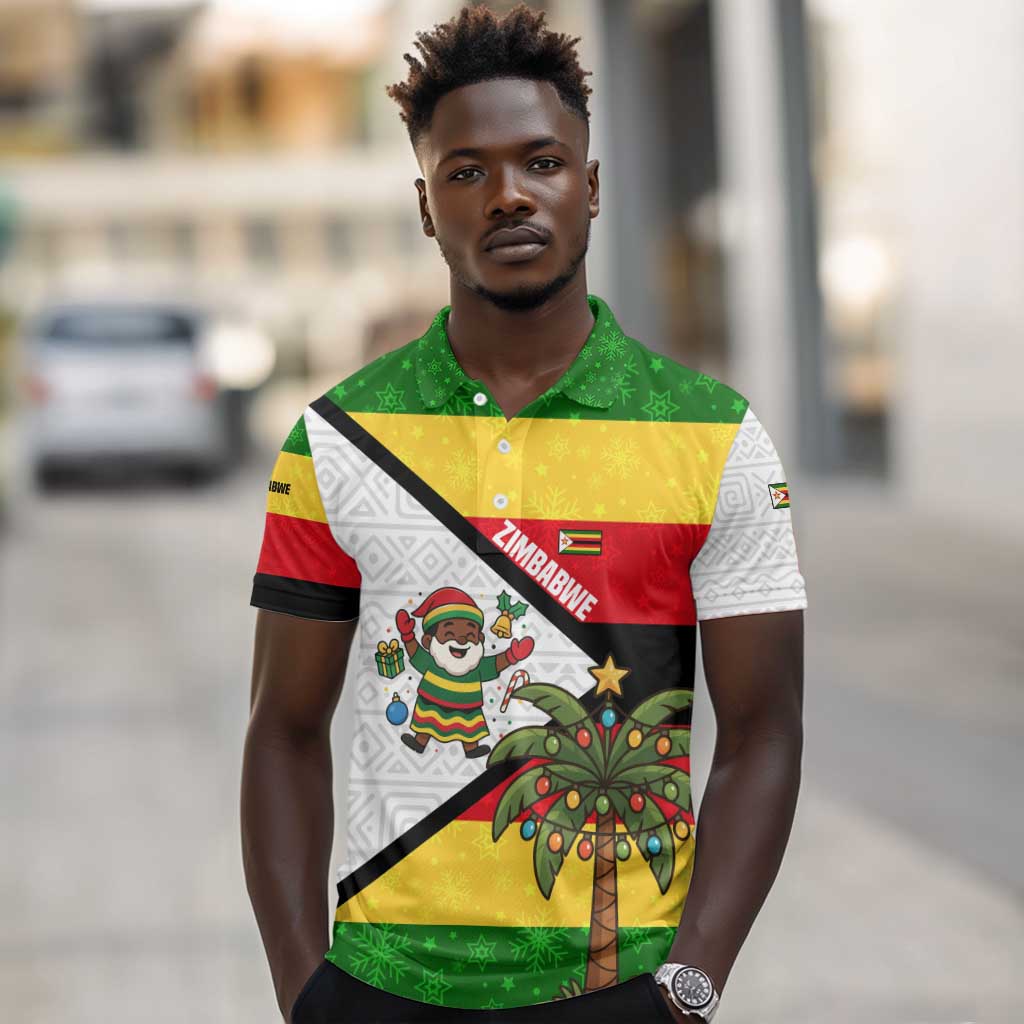 Zimbabwe Christmas Polo Shirt Festive Santa Palm Tree and Red Yellow Green Flag - African Pride