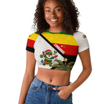 Zimbabwe Christmas Raglan Cropped T shirt Festive Santa Palm Tree and Red Yellow Green Flag - African Pride