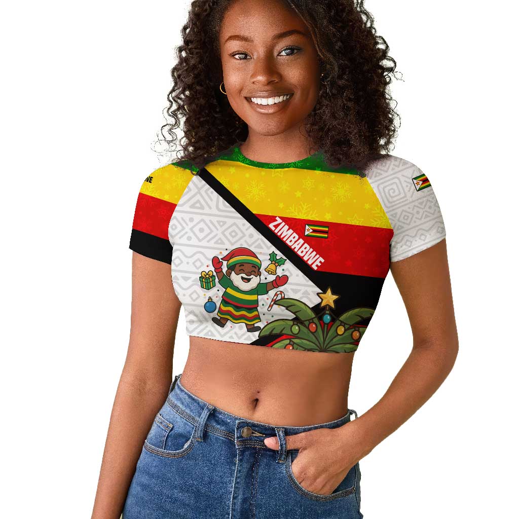 Zimbabwe Christmas Raglan Cropped T shirt Festive Santa Palm Tree and Red Yellow Green Flag - African Pride