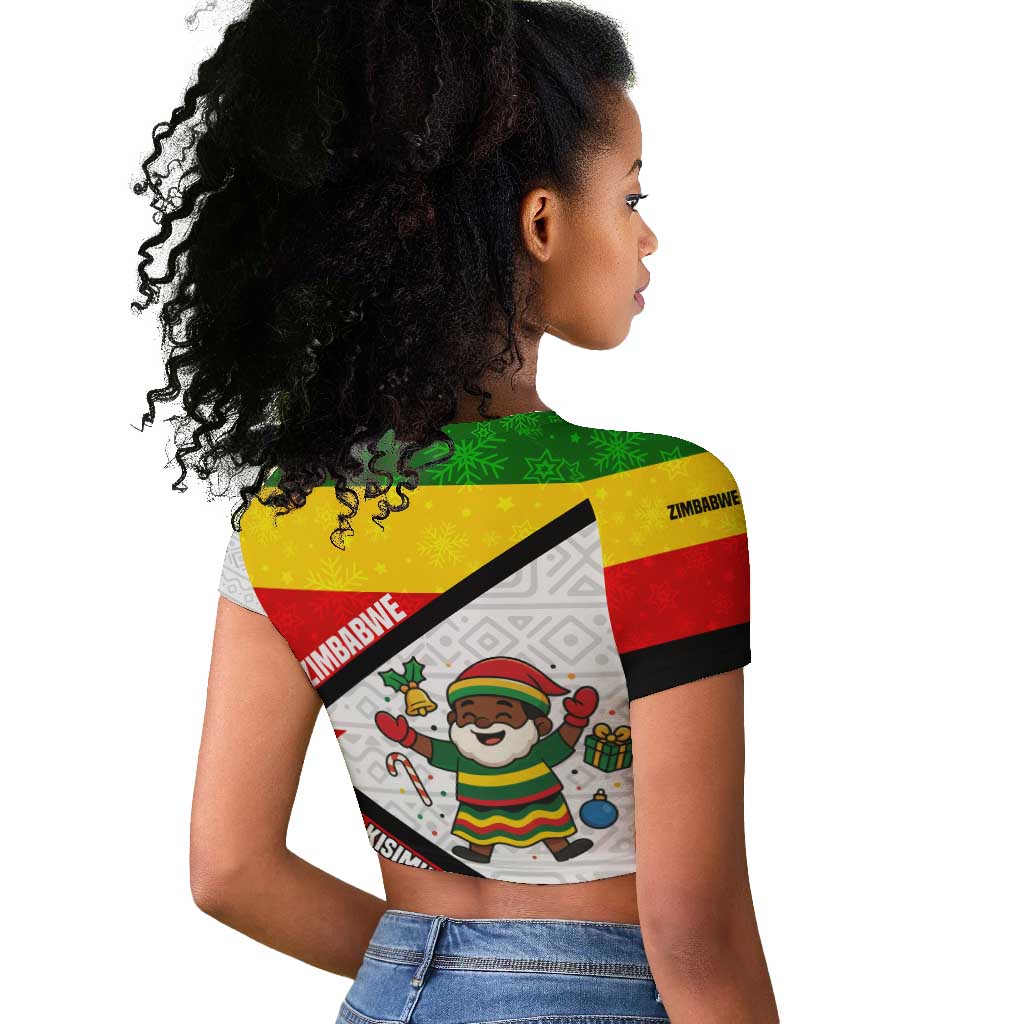Zimbabwe Christmas Raglan Cropped T shirt Festive Santa Palm Tree and Red Yellow Green Flag - African Pride