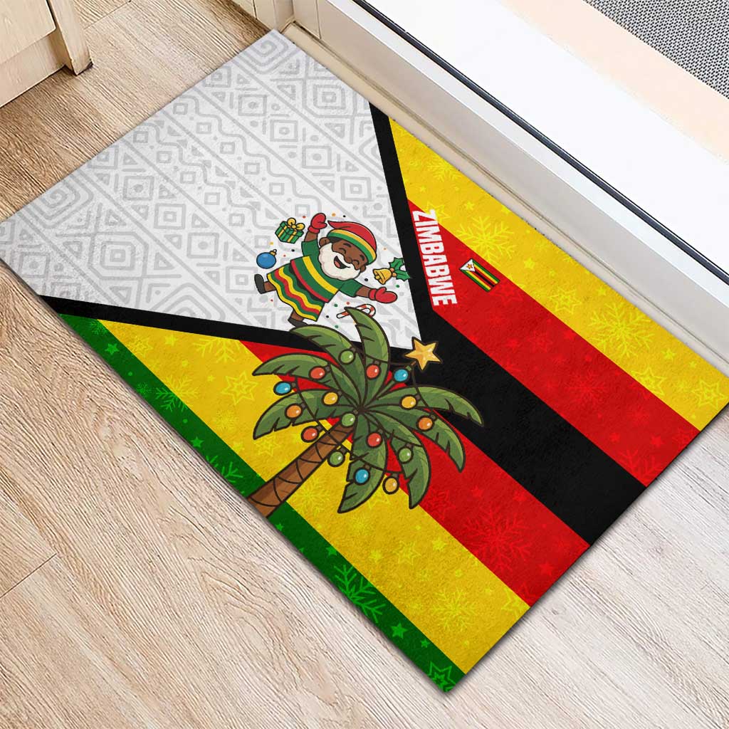 Zimbabwe Christmas Rubber Doormat Festive Santa Palm Tree and Red Yellow Green Flag - African Pride