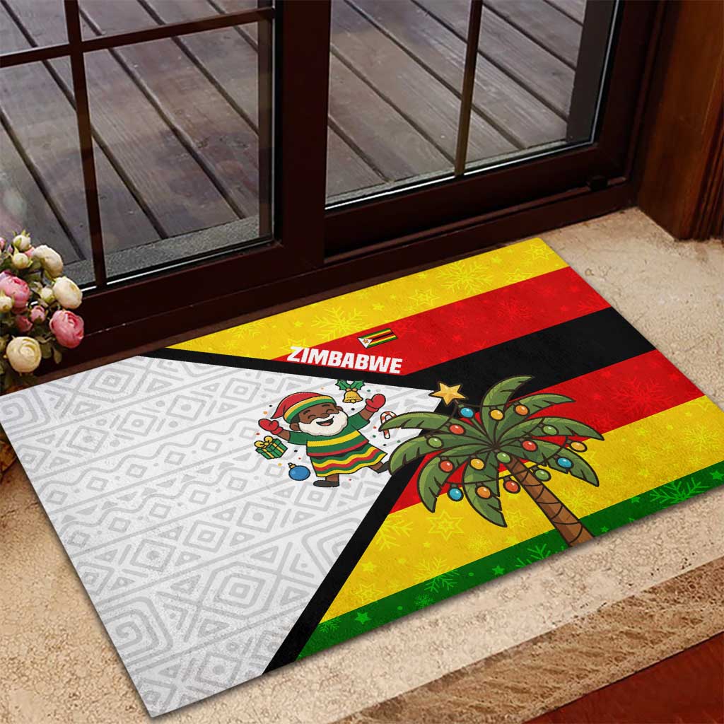 Zimbabwe Christmas Rubber Doormat Festive Santa Palm Tree and Red Yellow Green Flag - African Pride
