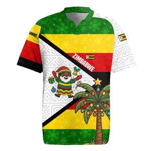 Zimbabwe Christmas Rugby Jersey Festive Santa Palm Tree and Red Yellow Green Flag - African Pride