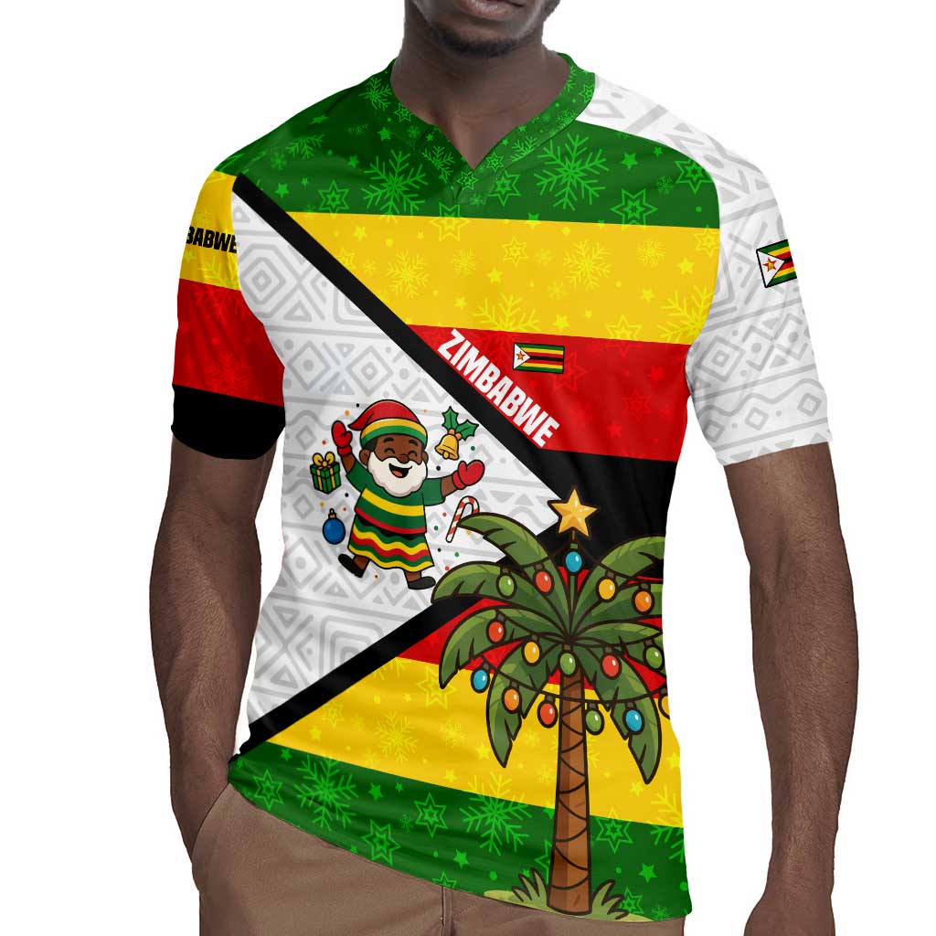 Zimbabwe Christmas Rugby Jersey Festive Santa Palm Tree and Red Yellow Green Flag - African Pride