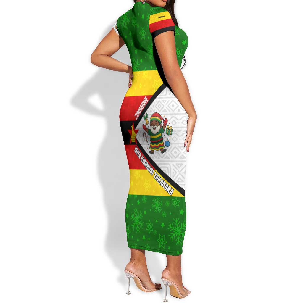 Zimbabwe Christmas Short Sleeve Bodycon Dress Festive Santa Palm Tree and Red Yellow Green Flag - African Pride