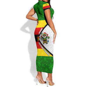 Zimbabwe Christmas Short Sleeve Bodycon Dress Festive Santa Palm Tree and Red Yellow Green Flag - African Pride