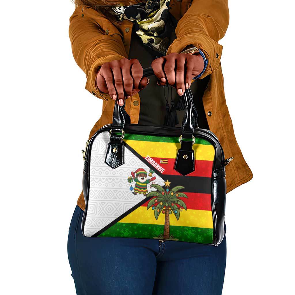 Zimbabwe Christmas Shoulder Handbag Festive Santa Palm Tree and Red Yellow Green Flag - African Pride